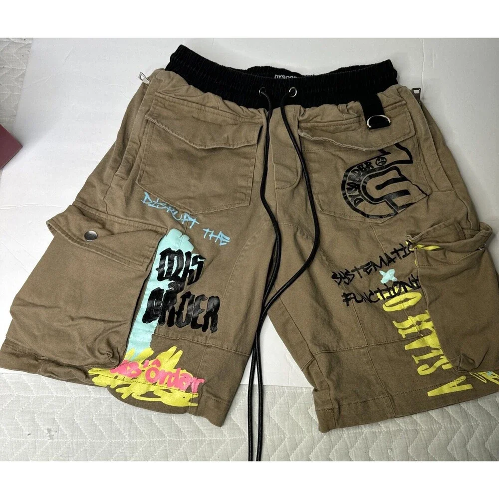 BATTLE VEST & SHORTS DYSORDER PAINTED 8 POCKETS‎ ZIP UP FRONT STRAPS BROWN!
